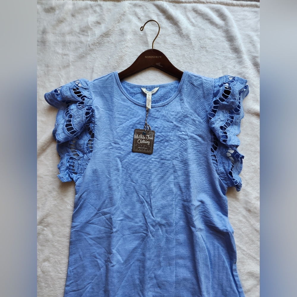 NWT Matilda Jane Ruffled Blue Mini Dress With Flutter Eyelet Sleeves - Picture 2 of 4